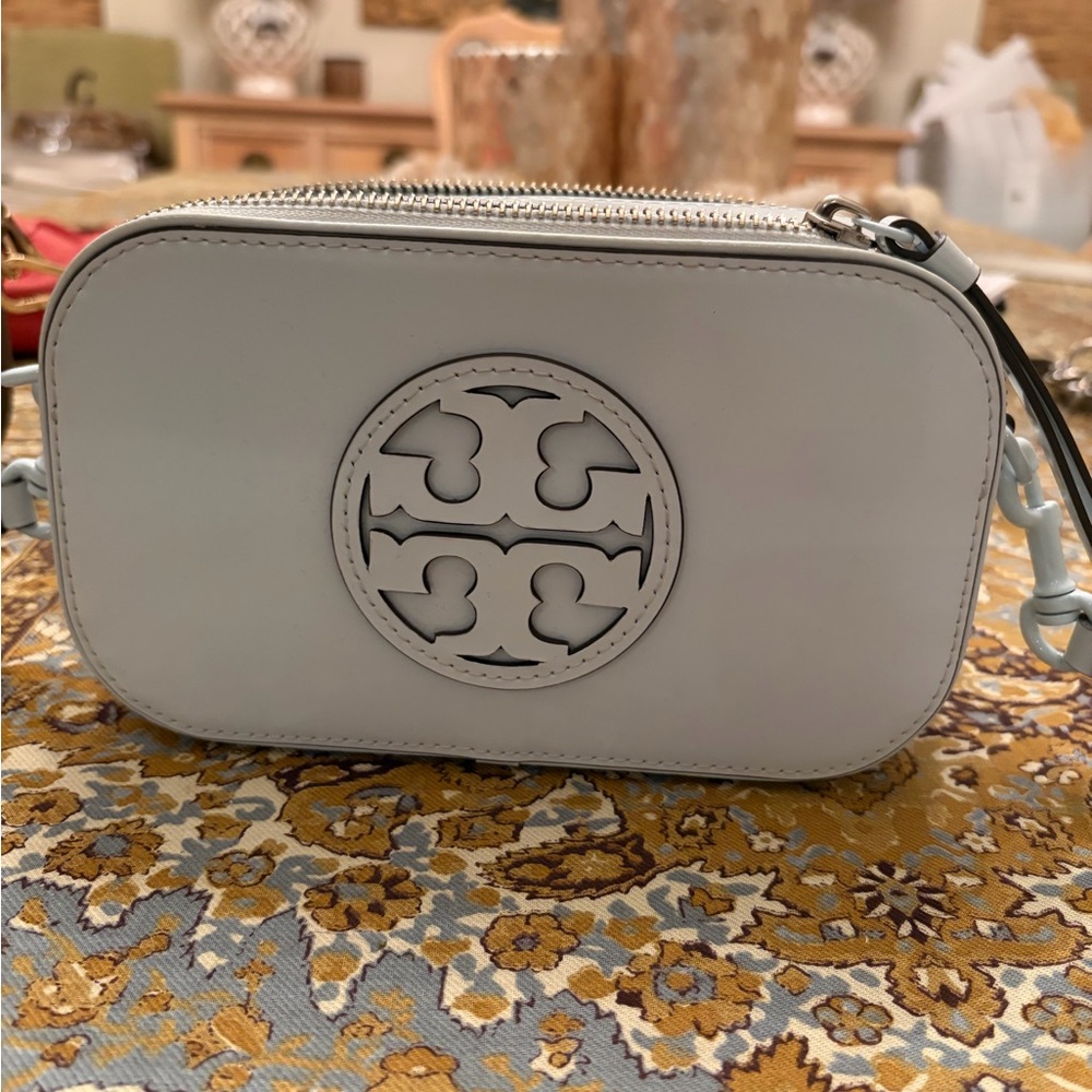 Tory Burch Mini Miller Light Blue Crossbody Bag coated leather